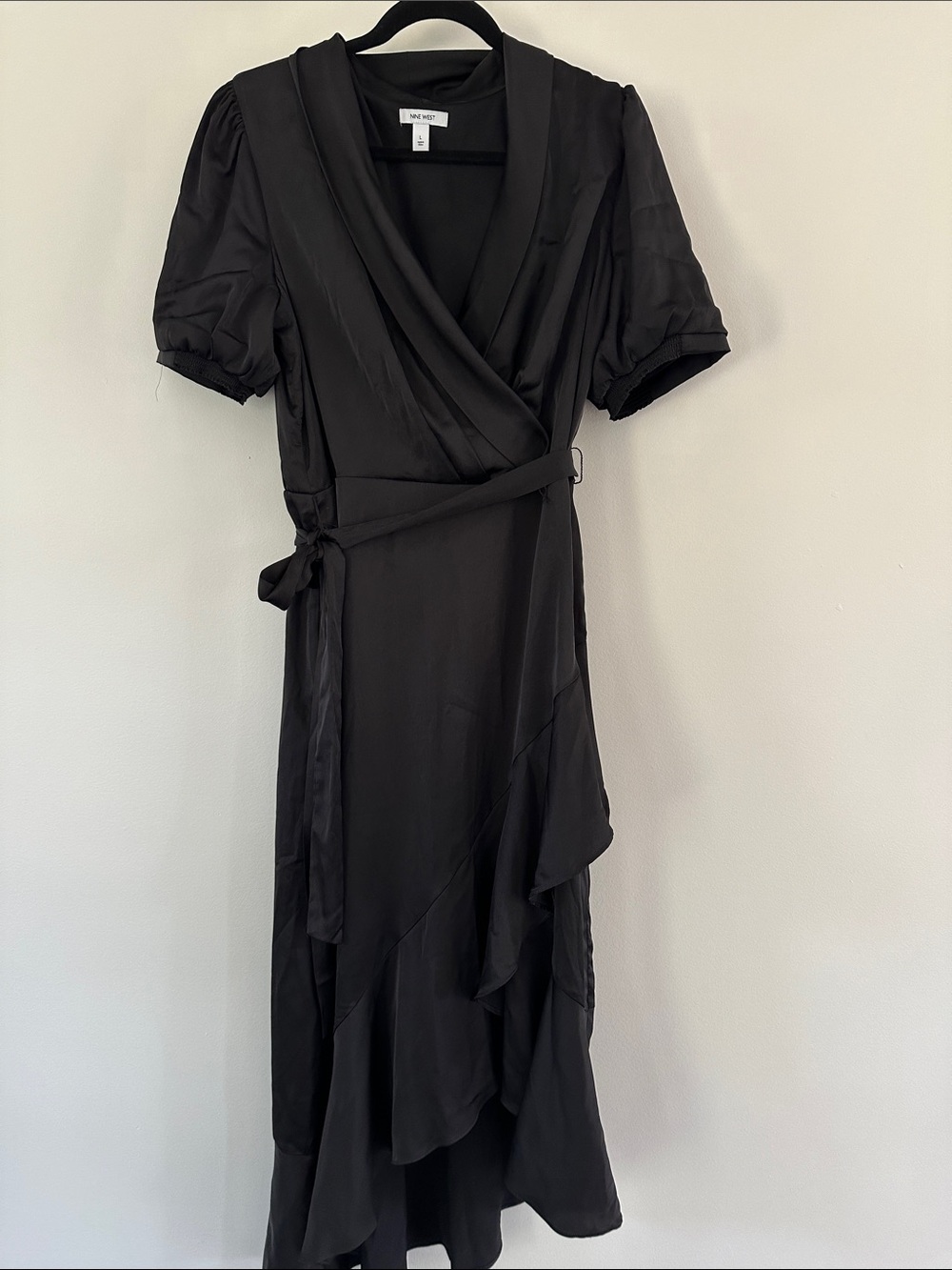 Nine West Black Wrap-Style Midi Dress with Puff Sleeves